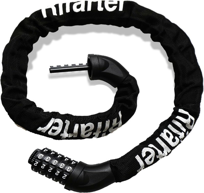 Rifarter قفل سلسلة الدراجة، قفل دراجة ثقيل مضاد للسرقة بتركيب 5 أرقام، بطول 3.2 قدم، قفل دراجات قابل لإعادة الضبط للأمان للدراجات على الطرق، دراجات الجبال، السكوتر، الأبواب، البوابات، الأسوار، أسود - Image 1